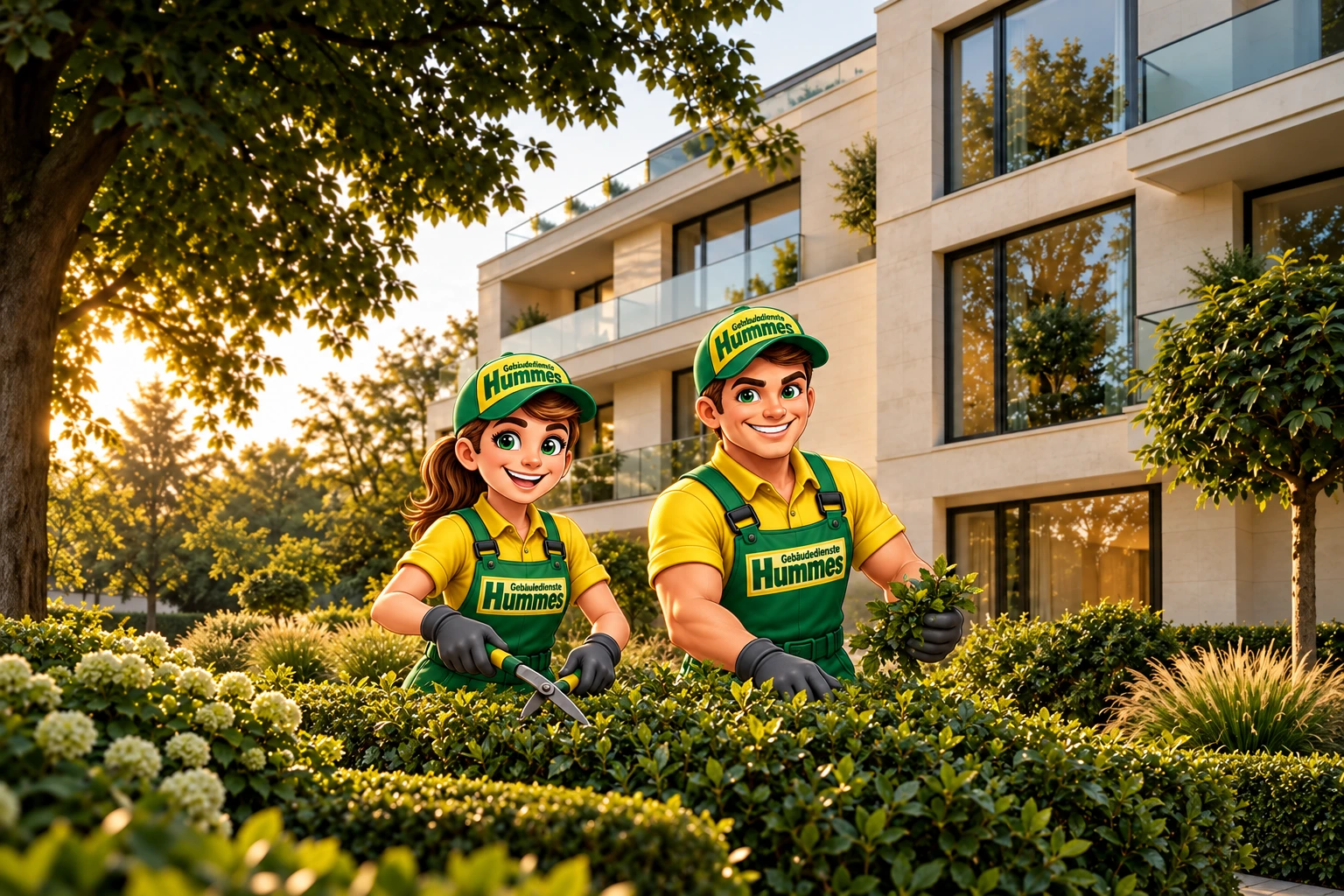 Hummes-Maskottchen bei der Gartenpflege hinter einer Hecke vor einem gepflegten Gebäude